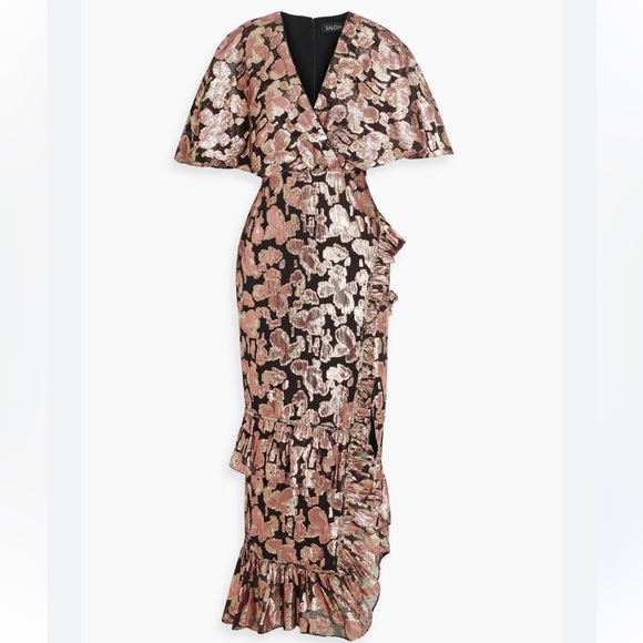 Saloni Rose Ruffled Silk Jacquard Midi Dress size 4 rose gold pink slit ruffle